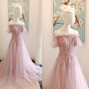 Off Shoulder Fairy Pink Evening Dresses,Pink Tulle Custom Fairy Evening Dresses,Wedding Reception Dresses,Engagement Dress