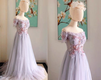 lilac and white wedding dress