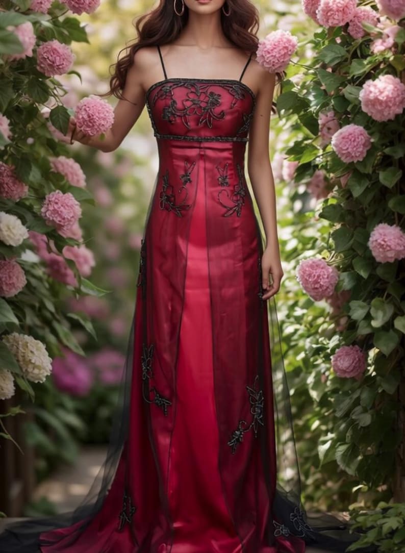 Vintage 90S Burgundy Prom Dress Y2K Black Beaded Gown Prom Party Dresses image 2