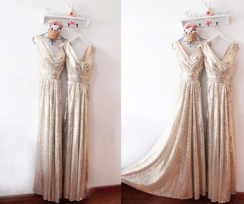 Champagne Sequin Dress Longfull Sequin Formal Dressv Neck Etsy