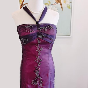 Vintage 90s Purple Beaded Halter Prom Dress: Y2K Evening Gown