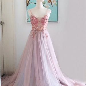 Pink Sheath Spaghetti Straps Beaded Tulle Ball Gown Graduation Prom Dress DP4843