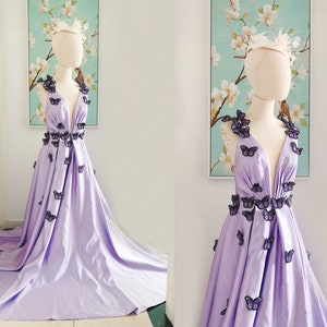 Vintage Lilac Butterfly Satin Dress Women,Long Lavender Satin Prom/Evening Dress with Butterfly,3D Flowers Elegant Satin Butterfly Dress