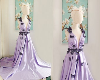 Vintage Lilac Butterfly Satin Dress Women,Long Lavender Satin Prom/Evening Dress with Butterfly,3D Flowers Elegant Satin Butterfly Dress