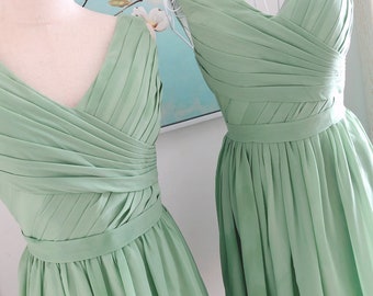 Short v neck straps sage green bridesmaid dress,sage green short chiffon dress,dark sage green summer pleated bridesmaid dresses