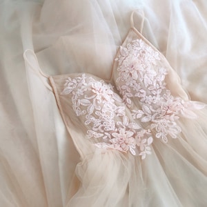 Champagne Sequin Floral Tulle Prom Dress: Long Backless Wedding Gown