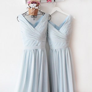 Dusty Blue Bridesmaid Dresses Vintage Dusty Blue V Neck Bridesmaid Dress with Belt Plus Size Bridesmaid Dresses image 3