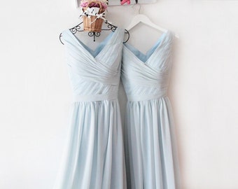 Dusty Blue Chiffon Bridesmaid Dress: V-Neck Vintage Style