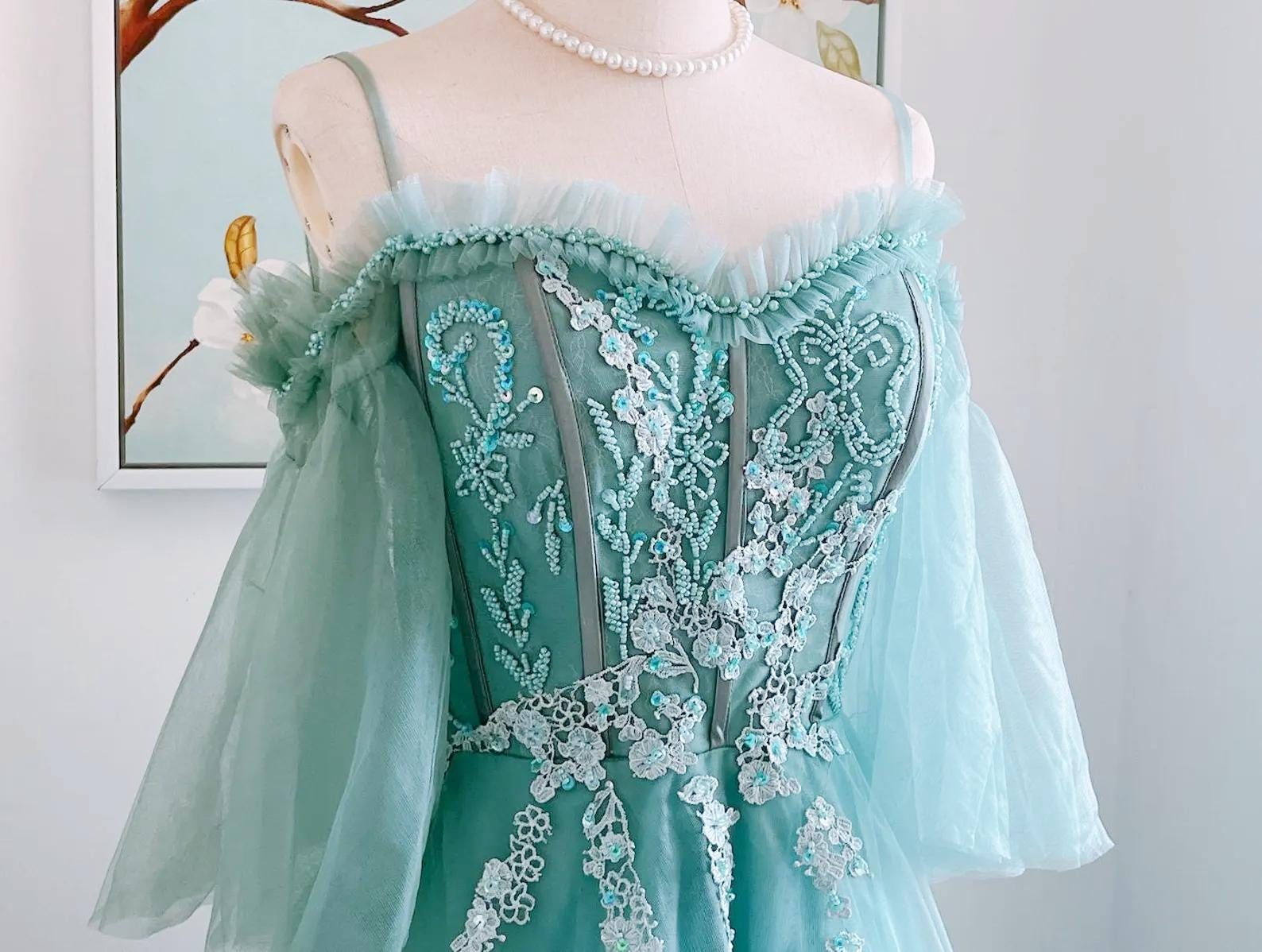 Sage Green Beaded Prom Evening Dress Corset Formal Flutter Sleeve Gowns Women