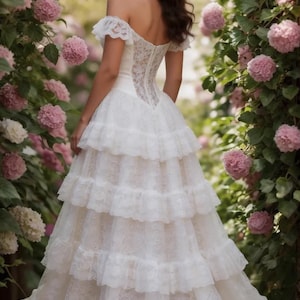 Pode incluir: Um vestido branco de ombros desca&iacute;dos com um corpete de renda com costas estilo espartilho e uma saia de v&aacute;rias camadas com acabamento em renda franzida. A pe&ccedil;a tem mangas curtas de renda delicada e uma silhueta comprida com padr&otilde;es.