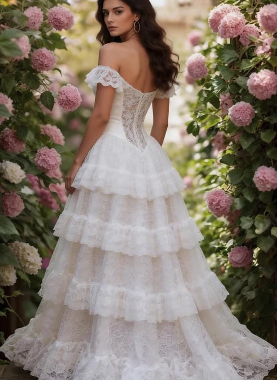Off Shoulder Princess Tiered Lace Wedding Dress Long Sleeve Bridal Gowns