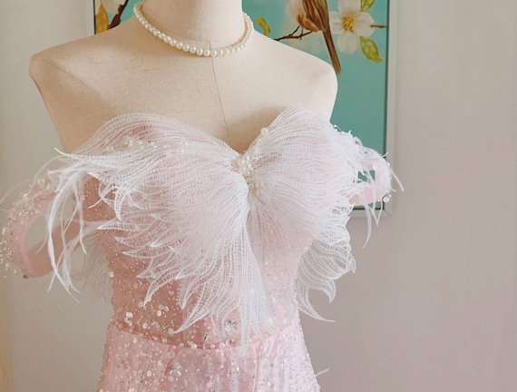 Pink Feather Formal Prom Evening Robe Blush Sparkly Dresses off Shoulder  Gala Pink Dress - Etsy