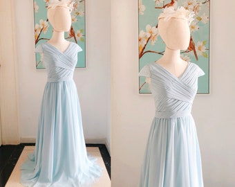 Cap Sleeve Bridesmaid Dress,Dusty Blue Bridesmaid Dress,Long Chiffon Bridesmaid Dress,Bridesmaid Dress with Sleeve,Bridesmaid Prom Dresses