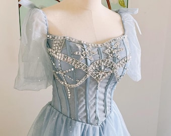 Può includere: Un abito in tulle azzurro chiaro con un corpetto aderente decorato con un motivo di perline argentate e bianche. L'abito ha maniche corte e a sbuffo.
