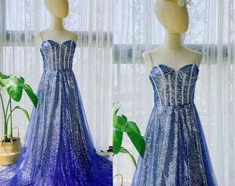 handmade blue galaxy starry prom evening dress,gradient deep blue sparkly starlight dress prom evening,birthday gift dress