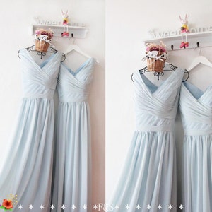 Dusty Blue Bridesmaid Dresses Vintage Dusty Blue V Neck Bridesmaid Dress with Belt Plus Size Bridesmaid Dresses image 2