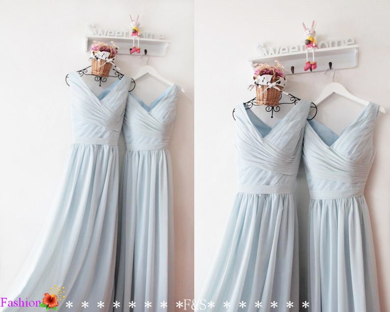 Dusty Blue Bridesmaid Dresses Vintage Dusty Blue V Neck Bridesmaid Dress with Belt Plus Size Bridesmaid Dresses image 2