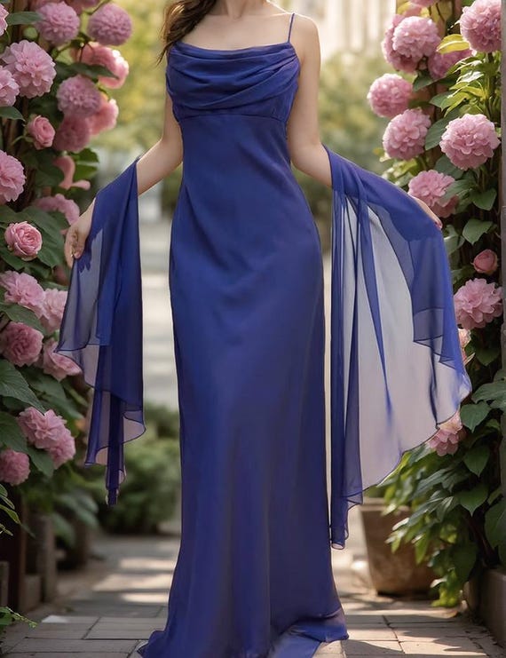 90s chiffon dress Vintage 90s Navy Chiffon Maxi Dress: Formal Evening Bridesmaid