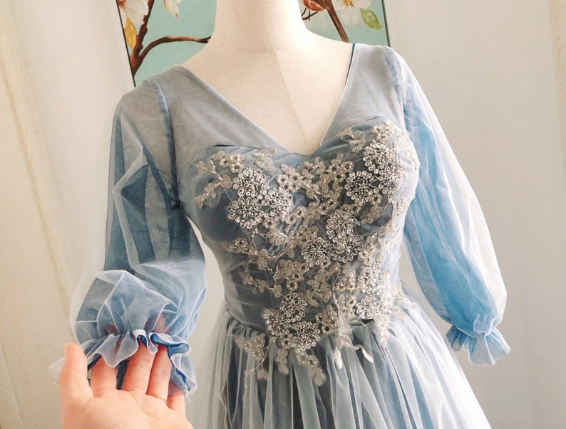 Rustic Blue Tulle Bridesmaid Dresses With Long Sleevesvintage | Etsy Australia
