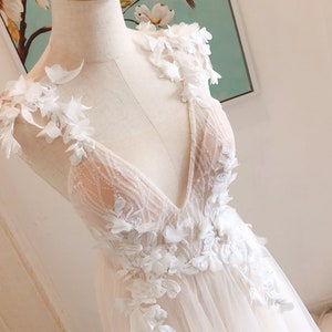 Boho Wedding Dress with Applique,3D Flowers Wedding Dress,Embroidery Vintage Boho Wedding Dress with Lace,Tulle Jumpsuit Wedding Dress
