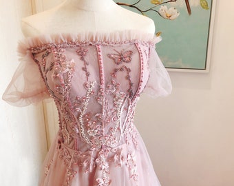 Off Shoulder Fairy Pink Evening Dresses Pink Tulle Custom Fairy Evening Dresses Wedding Reception Dresses Engagement Dress