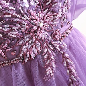 Purple Tulle Off Shoulder Gown Bridesmaid Dress with Embroidery Beaded Top Off Shoulder Tulle Dress Elegant Purple Ruffle Bridesmaid Dress