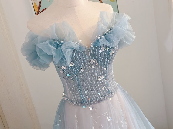 dusty blue beaded dress Dusty Blue Silk Embellished Gown – EPHEMERL main image 1