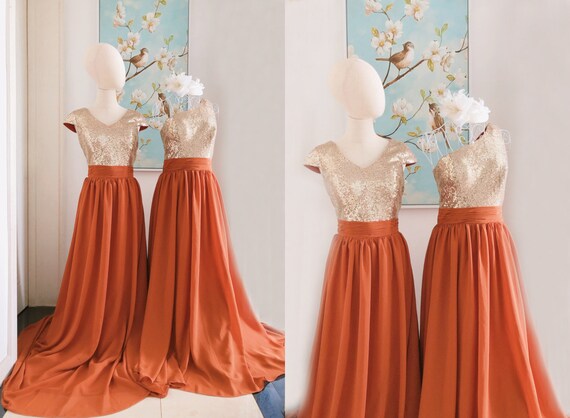 Neon Orange Modest Rust Chiffon Long Bridesmaid Dress With Cap Sleeve One Shoulder Prom Dresses Etsy Canada
