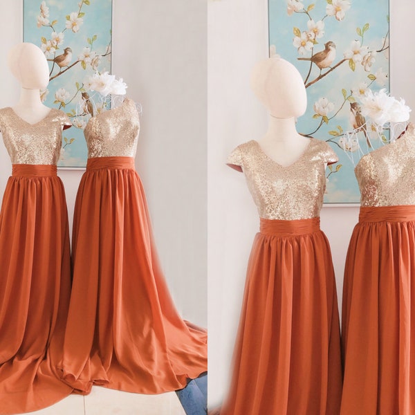 neon orange modest rust chiffon long bridesmaid dress with cap sleeve,one shoulder prom dresses