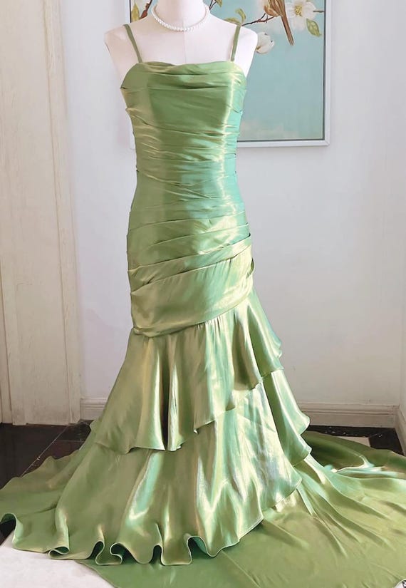 vintage green prom dress 1930s Emerald Dress: Shiny Evening Gown sage green prom dress