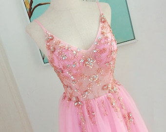 Pink Jeweled Homecoming Dress: Short Sparkly Tulle Prom Dress