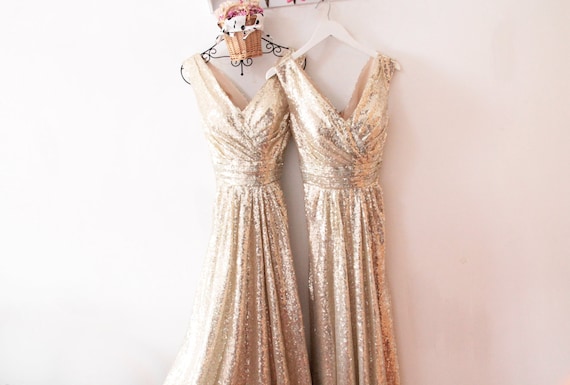 Champagne Sequin V-neck Evening Dress: Gold Bridesmaid Gown