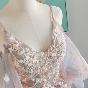 Lace Applique Lantern Sleeve Bridesmaid Dress