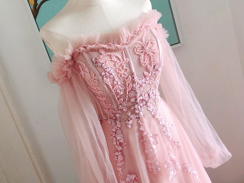 blush fairy prom dresses,long blush pink prom dresses with long sleeve,pink formal prom dresses image 3