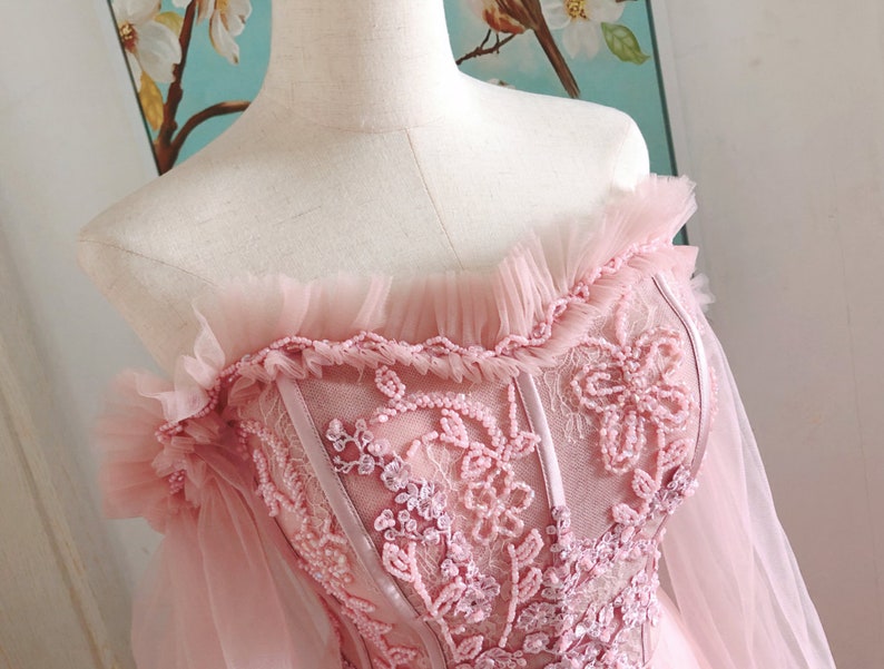 blush fairy prom dresses,long blush pink prom dresses with long sleeve,pink formal prom dresses image 5