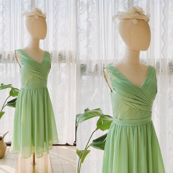 short sage green bridesmaid dresses,v neck elegant short chiffon dress bridesmaid,sage green dress for wedding