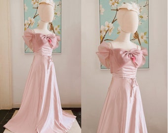 blush pink satin bridesmaid dresses,long bow bridesmaid dresses,pink long bridesmaid dresses
