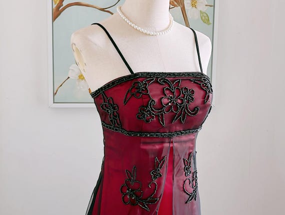 Vintage 90S Burgundy Prom Dress Y2K Black Beaded Gown Prom Party Dresses