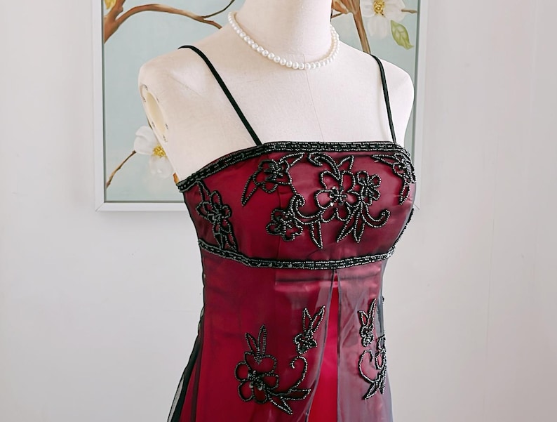 Vintage 90S Burgundy Prom Dress Y2K Black Beaded Gown Prom Party Dresses image 1