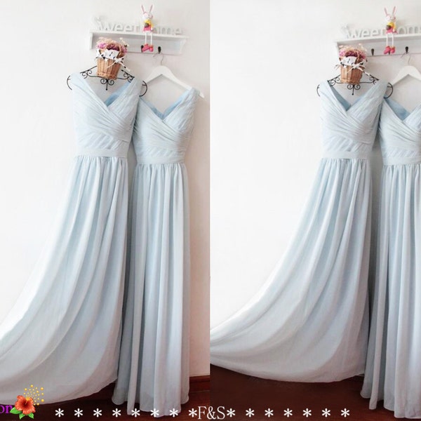 Dusty Blue V-Neck Half-Sleeve Prom Dresses Long With Beadings Lace-up main image 1