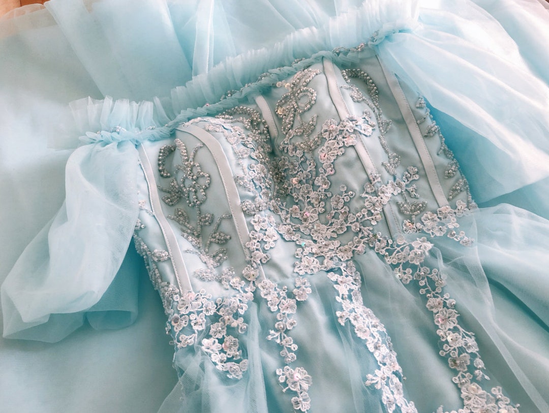 Fairy Flower Off-Shoulder Sky Blue Organza Sleeved Prom Dress