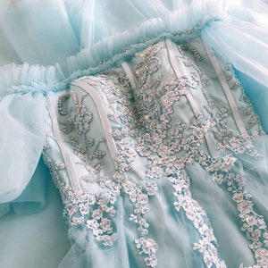 Off Shoulder Blue Prom Dress Fairy Sleeve Evening Gown Beaded Lace Gown