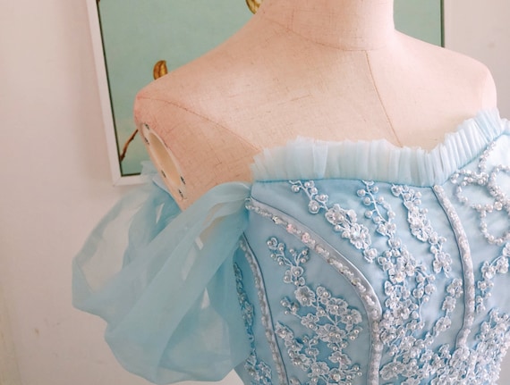 ice blue tulle dress Floral Applique V-Neck Tulle Gown by Juliet 224 main image 0