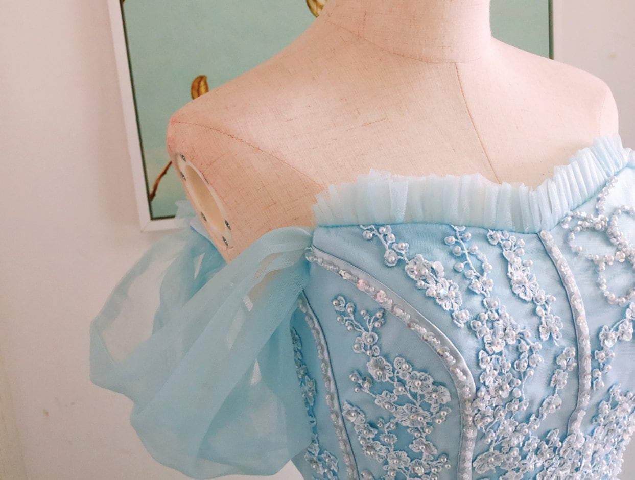 Ice Blue Tulle Prom Dress Off-Shoulder Lace Evening Gown