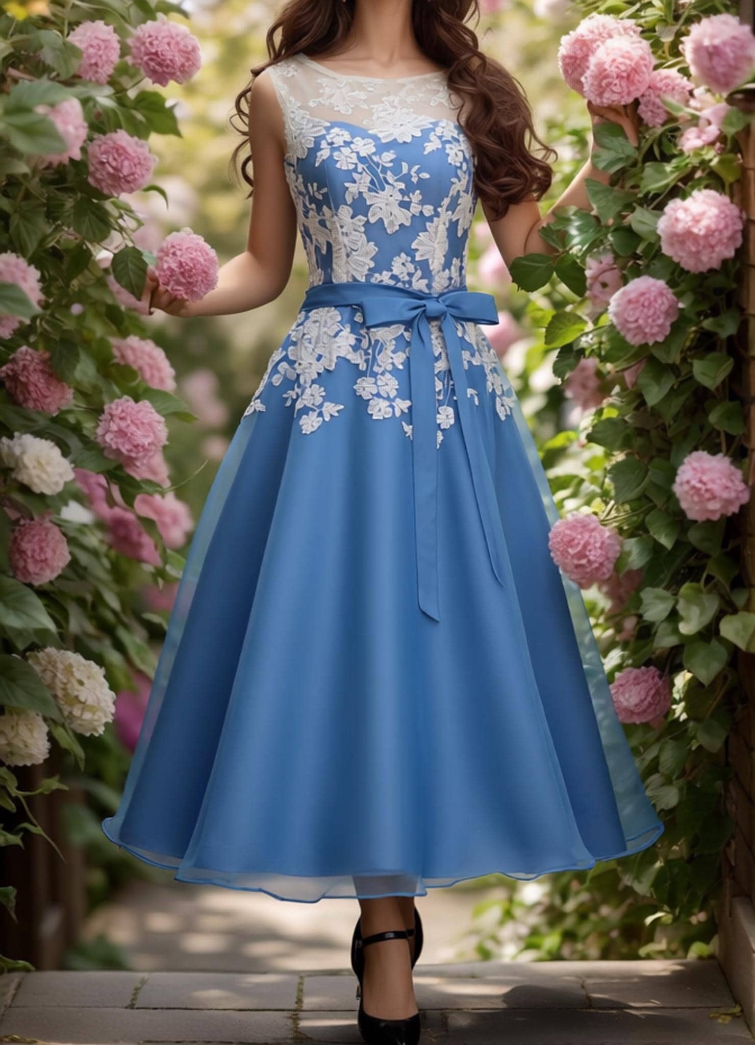Blue Lace Midi Elegant Wedding Bridesmaid Guest Dress