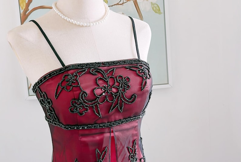 Vintage 90S Burgundy Prom Dress Y2K Black Beaded Gown Prom Party Dresses image 4