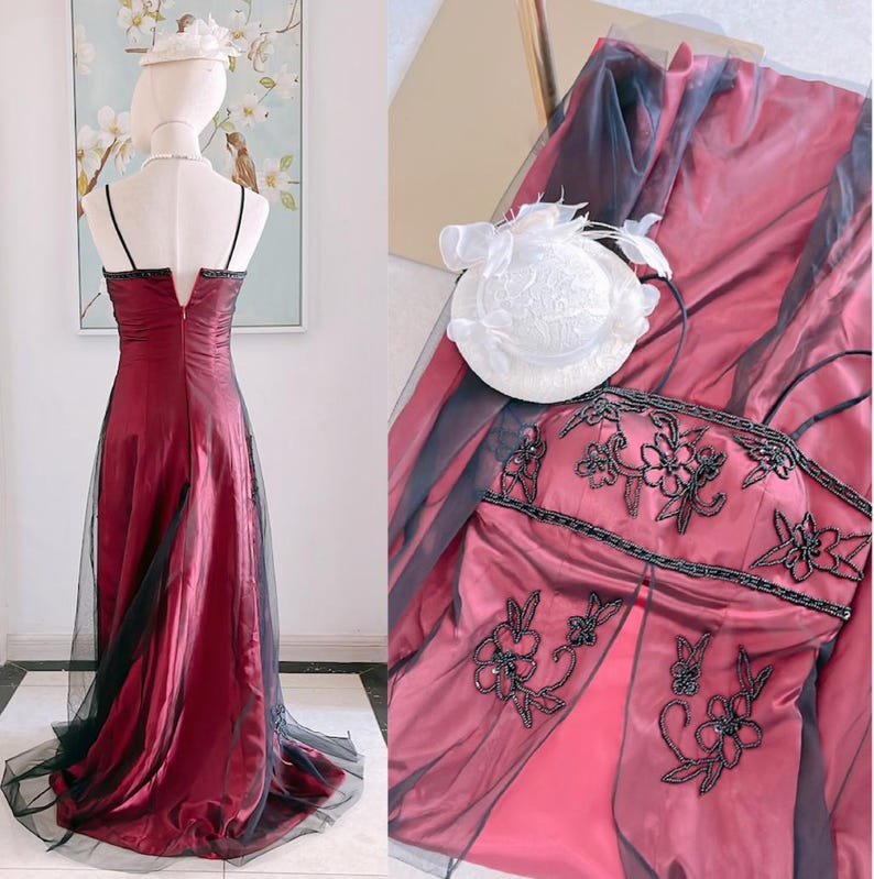 Vintage 90S Burgundy Prom Dress Y2K Black Beaded Gown Prom Party Dresses image 10