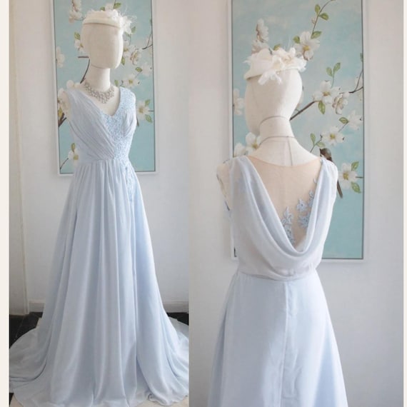 Blue chiffon wedding dress sale
