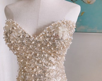 champagne sirena formale ballo sera abiti glitterati sera con spacco