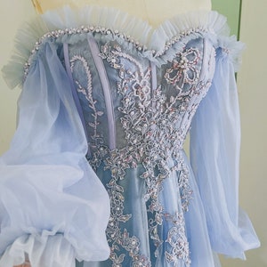 fairy blue prom dress off shoulder handmade long sleeve prom evening dress 2024 dusty blue prom dress